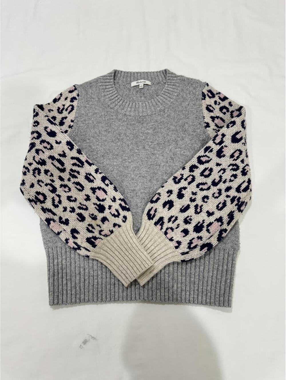 Madewell Gray Tensley Leopard Print Balloon Sleeve Pullover Sweater- Size Small - Picture 3 of 9